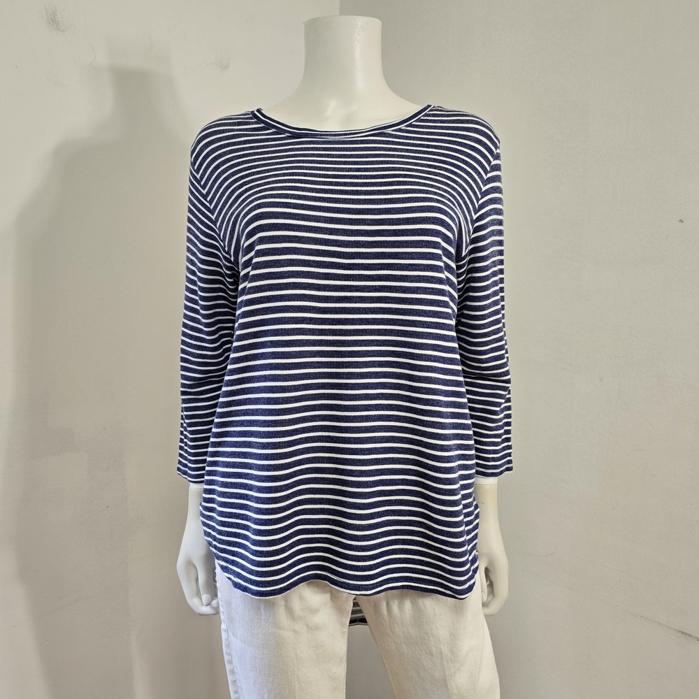 Fresh Produce Stripe Knit Top Size S Blue Stripe 3/4 Sleeve Rounded Hem Nautical